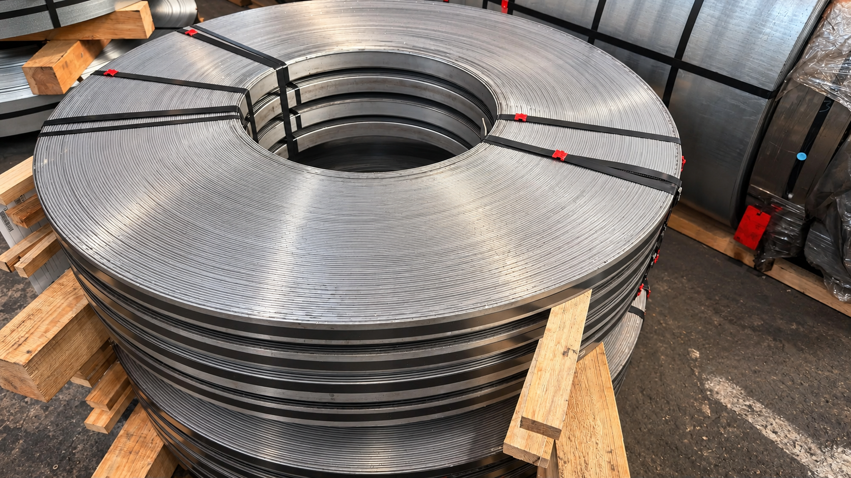 Verpackte Spaltbandcoils auf Paletten